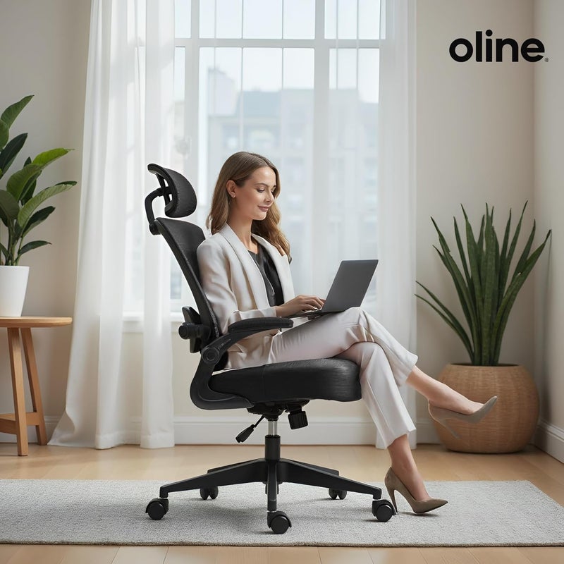 Oline ErgoAir Ergonomic Office Chair – Adjustable Lumbar Support, Flip-Up Armrests, Mesh Computer Desk Chair, Swivel Rolling Executive Gaming Chair for Home & Office (Black) - Image 2